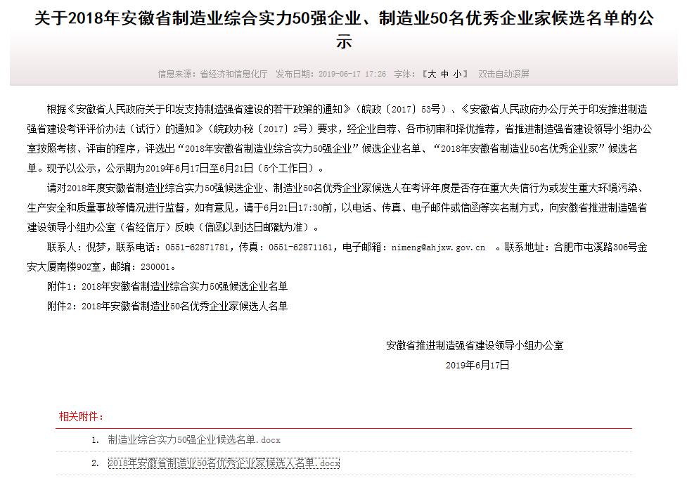 熱烈祝賀我司總經理艾和金榮獲“安徽省制造業50名優秀企業家”榮譽稱號